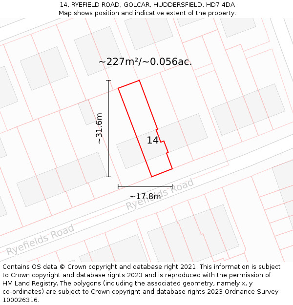 14, RYEFIELD ROAD, GOLCAR, HUDDERSFIELD, HD7 4DA: Plot and title map
