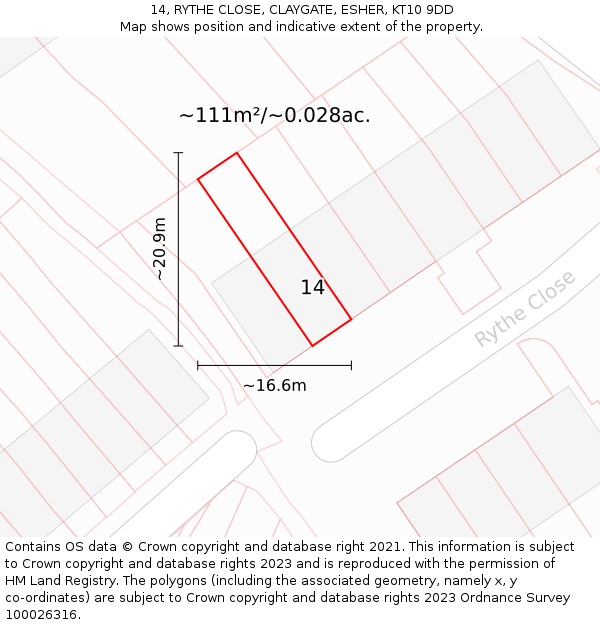 14, RYTHE CLOSE, CLAYGATE, ESHER, KT10 9DD: Plot and title map