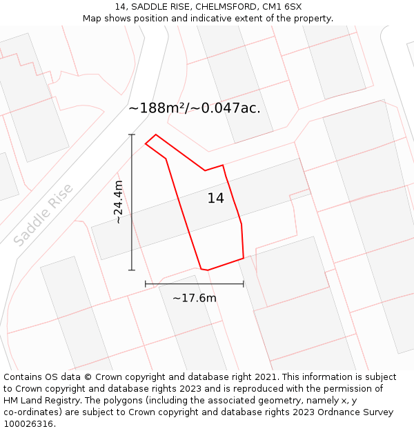 14, SADDLE RISE, CHELMSFORD, CM1 6SX: Plot and title map