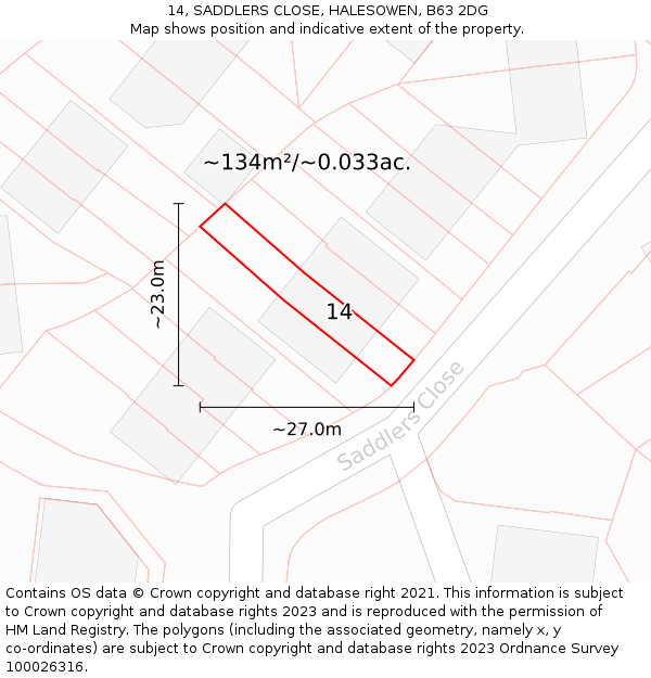 14, SADDLERS CLOSE, HALESOWEN, B63 2DG: Plot and title map