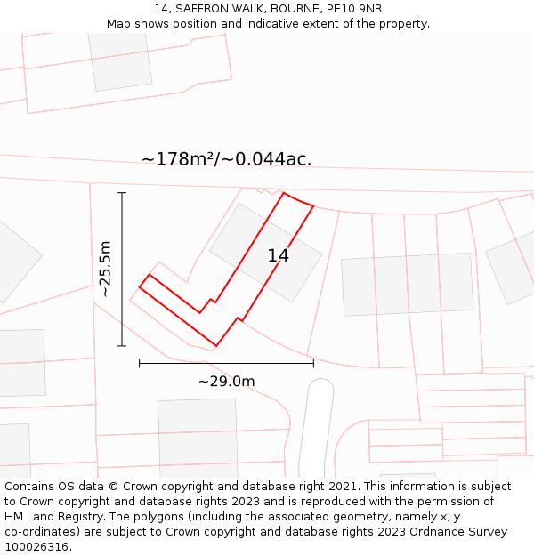 14, SAFFRON WALK, BOURNE, PE10 9NR: Plot and title map