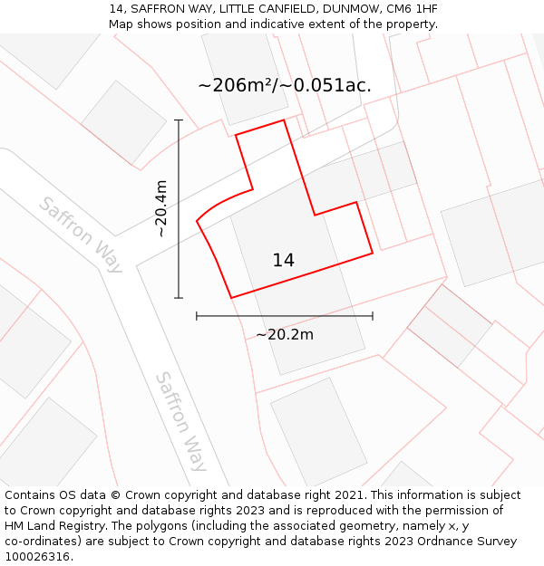 14, SAFFRON WAY, LITTLE CANFIELD, DUNMOW, CM6 1HF: Plot and title map