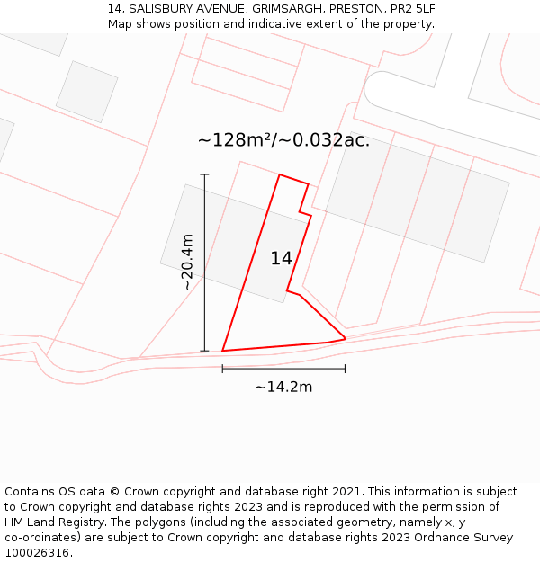 14, SALISBURY AVENUE, GRIMSARGH, PRESTON, PR2 5LF: Plot and title map