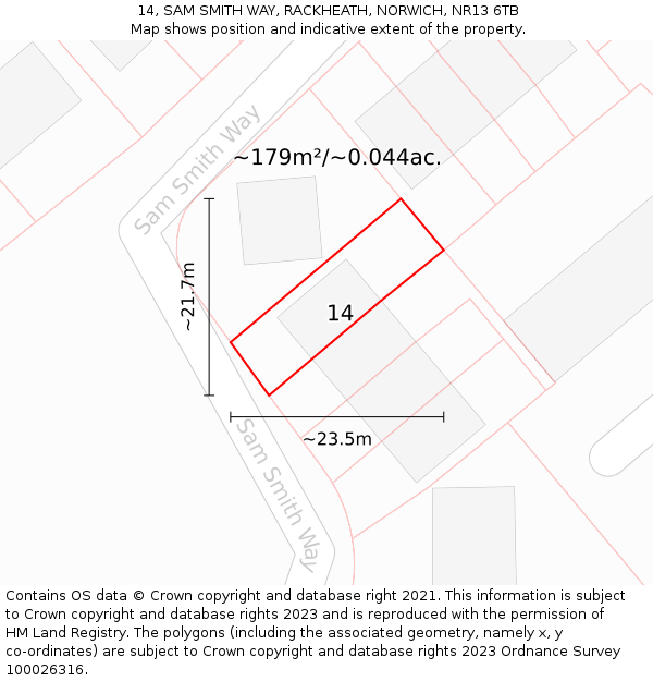 14, SAM SMITH WAY, RACKHEATH, NORWICH, NR13 6TB: Plot and title map