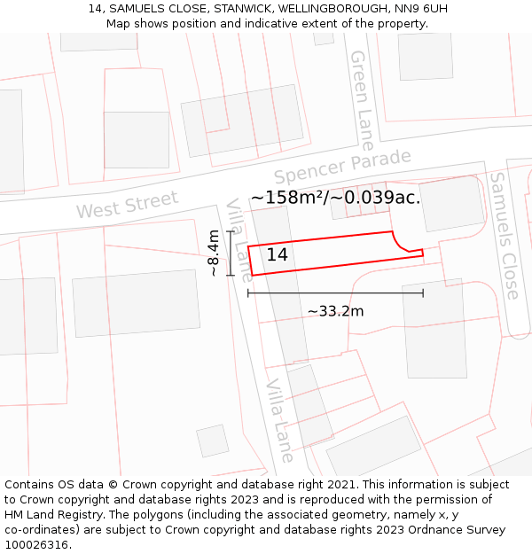 14, SAMUELS CLOSE, STANWICK, WELLINGBOROUGH, NN9 6UH: Plot and title map