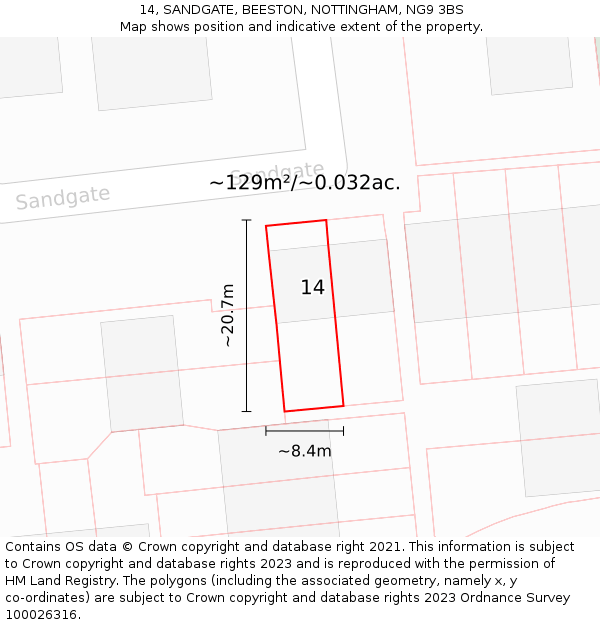 14, SANDGATE, BEESTON, NOTTINGHAM, NG9 3BS: Plot and title map