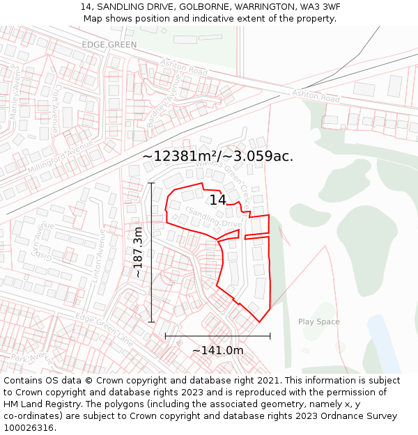 14, SANDLING DRIVE, GOLBORNE, WARRINGTON, WA3 3WF: Plot and title map