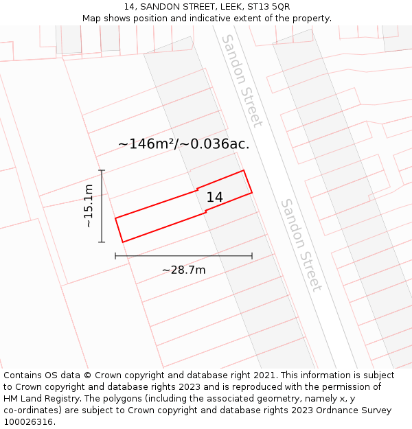 14, SANDON STREET, LEEK, ST13 5QR: Plot and title map