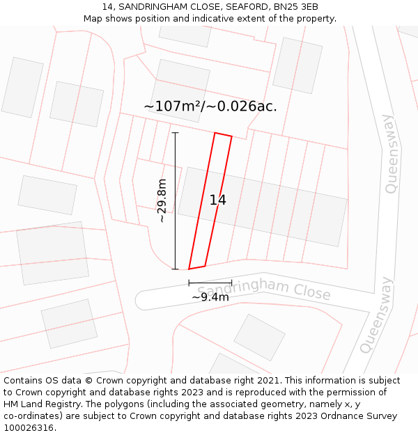 14, SANDRINGHAM CLOSE, SEAFORD, BN25 3EB: Plot and title map