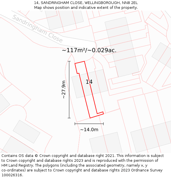 14, SANDRINGHAM CLOSE, WELLINGBOROUGH, NN8 2EL: Plot and title map