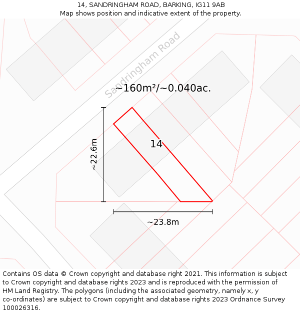 14, SANDRINGHAM ROAD, BARKING, IG11 9AB: Plot and title map