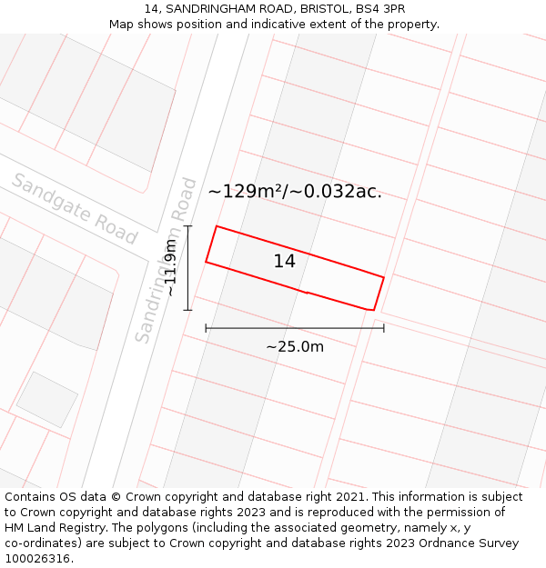 14, SANDRINGHAM ROAD, BRISTOL, BS4 3PR: Plot and title map