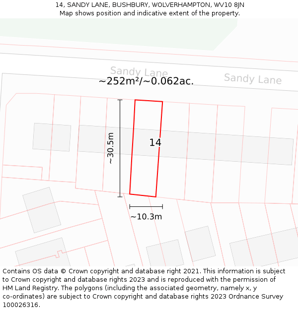 14, SANDY LANE, BUSHBURY, WOLVERHAMPTON, WV10 8JN: Plot and title map