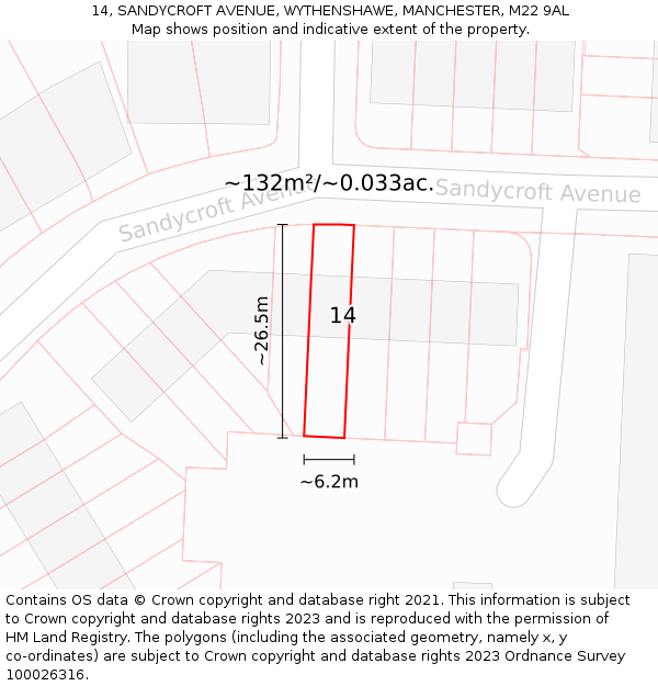 14, SANDYCROFT AVENUE, WYTHENSHAWE, MANCHESTER, M22 9AL: Plot and title map