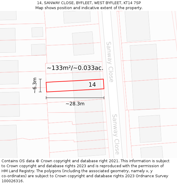 14, SANWAY CLOSE, BYFLEET, WEST BYFLEET, KT14 7SP: Plot and title map