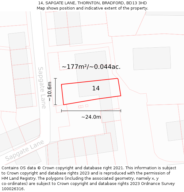 14, SAPGATE LANE, THORNTON, BRADFORD, BD13 3HD: Plot and title map