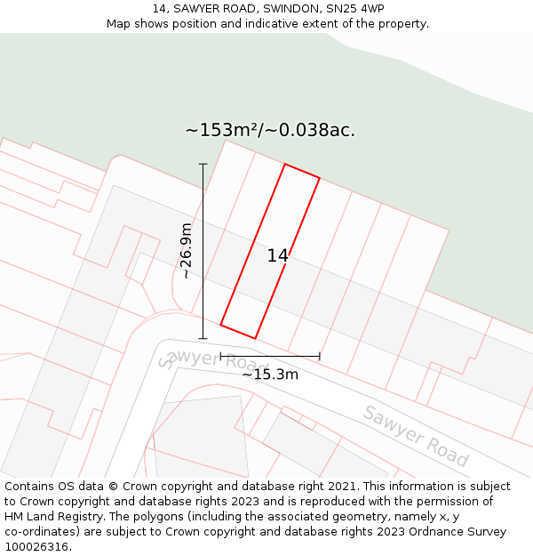 14, SAWYER ROAD, SWINDON, SN25 4WP: Plot and title map