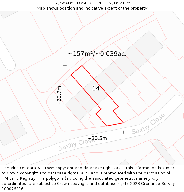 14, SAXBY CLOSE, CLEVEDON, BS21 7YF: Plot and title map