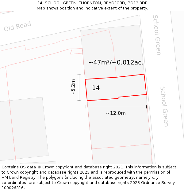 14, SCHOOL GREEN, THORNTON, BRADFORD, BD13 3DP: Plot and title map