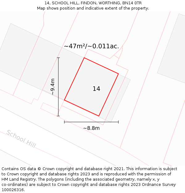 14, SCHOOL HILL, FINDON, WORTHING, BN14 0TR: Plot and title map