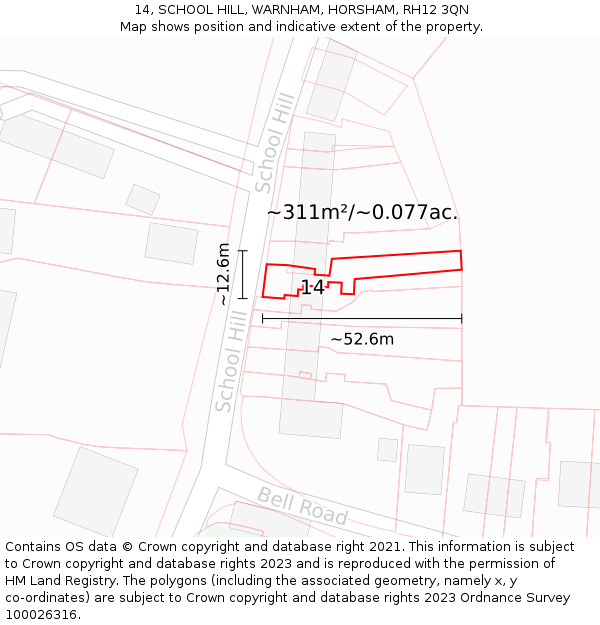 14, SCHOOL HILL, WARNHAM, HORSHAM, RH12 3QN: Plot and title map