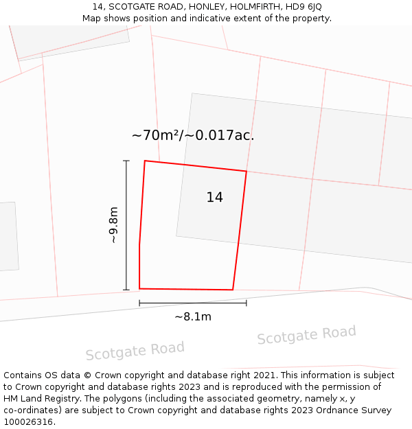 14, SCOTGATE ROAD, HONLEY, HOLMFIRTH, HD9 6JQ: Plot and title map