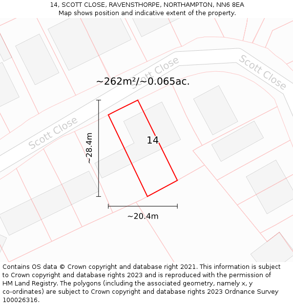 14, SCOTT CLOSE, RAVENSTHORPE, NORTHAMPTON, NN6 8EA: Plot and title map