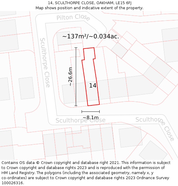 14, SCULTHORPE CLOSE, OAKHAM, LE15 6FJ: Plot and title map