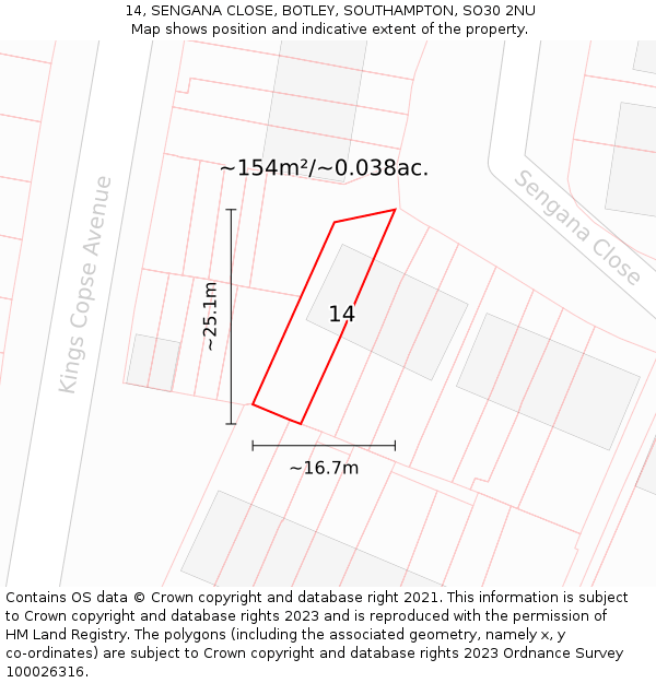 14, SENGANA CLOSE, BOTLEY, SOUTHAMPTON, SO30 2NU: Plot and title map