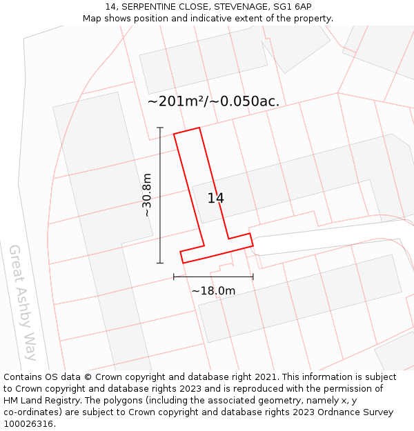14, SERPENTINE CLOSE, STEVENAGE, SG1 6AP: Plot and title map