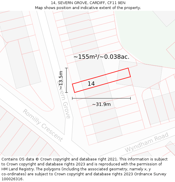 14, SEVERN GROVE, CARDIFF, CF11 9EN: Plot and title map