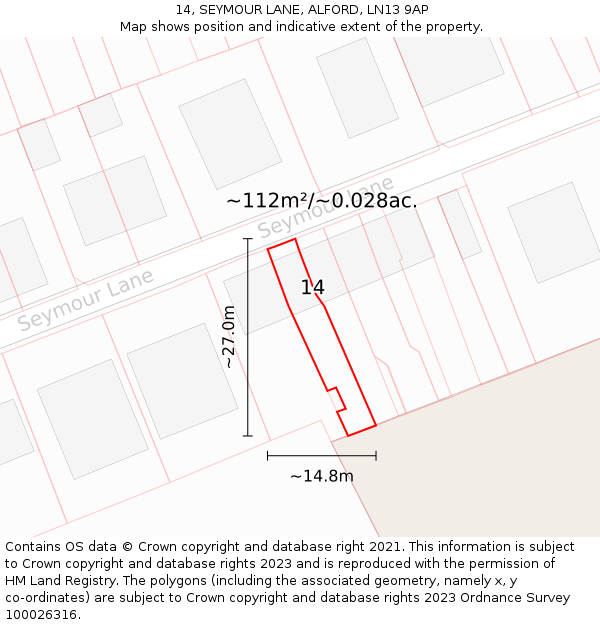 14, SEYMOUR LANE, ALFORD, LN13 9AP: Plot and title map