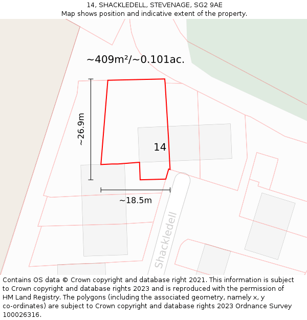 14, SHACKLEDELL, STEVENAGE, SG2 9AE: Plot and title map