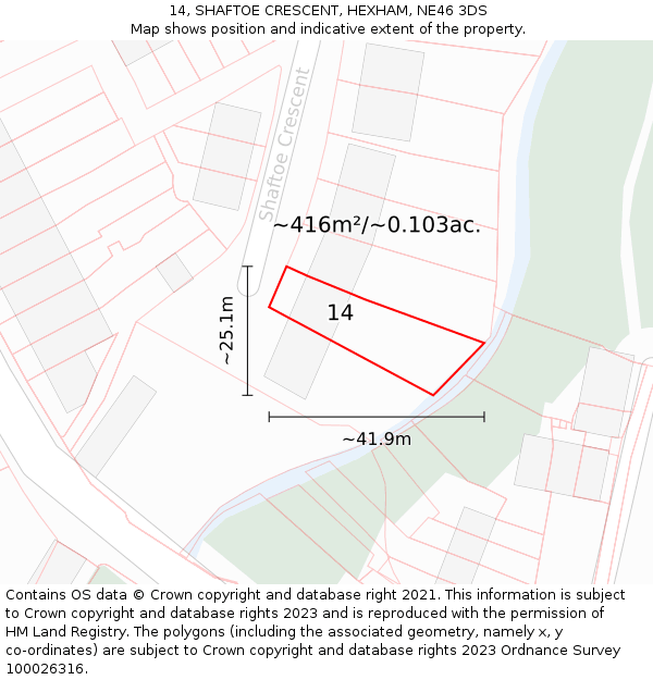 14, SHAFTOE CRESCENT, HEXHAM, NE46 3DS: Plot and title map