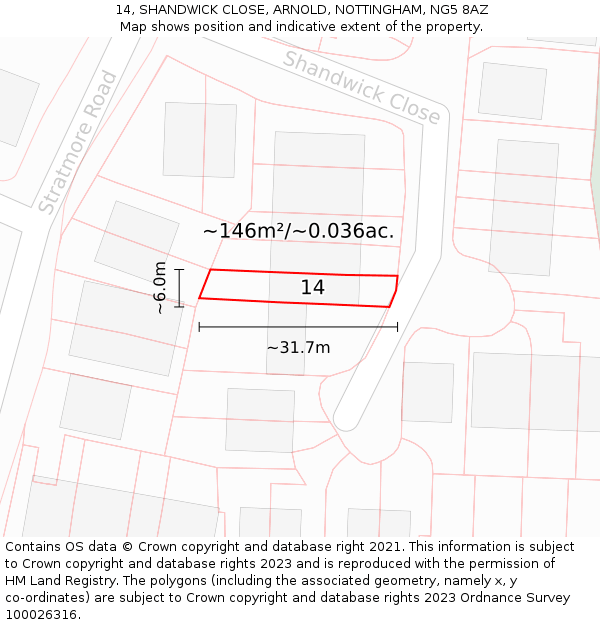 14, SHANDWICK CLOSE, ARNOLD, NOTTINGHAM, NG5 8AZ: Plot and title map