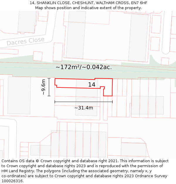 14, SHANKLIN CLOSE, CHESHUNT, WALTHAM CROSS, EN7 6HF: Plot and title map