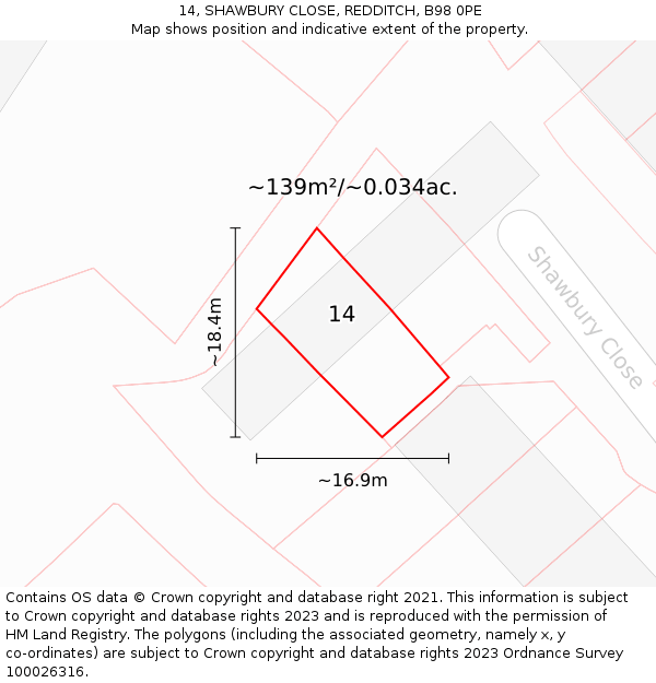 14, SHAWBURY CLOSE, REDDITCH, B98 0PE: Plot and title map