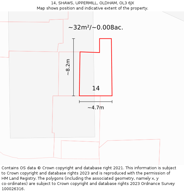 14, SHAWS, UPPERMILL, OLDHAM, OL3 6JX: Plot and title map