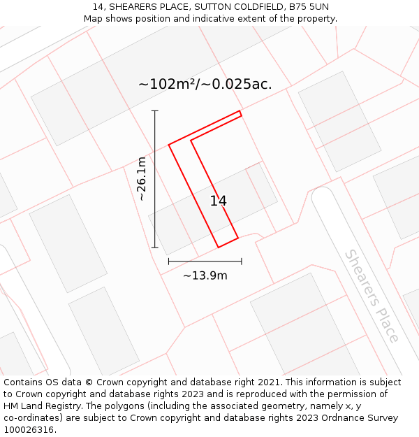14, SHEARERS PLACE, SUTTON COLDFIELD, B75 5UN: Plot and title map