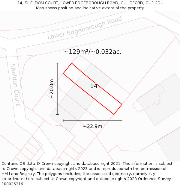 14, SHELDON COURT, LOWER EDGEBOROUGH ROAD, GUILDFORD, GU1 2DU: Plot and title map