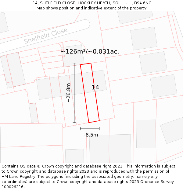 14, SHELFIELD CLOSE, HOCKLEY HEATH, SOLIHULL, B94 6NG: Plot and title map