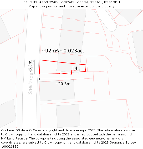 14, SHELLARDS ROAD, LONGWELL GREEN, BRISTOL, BS30 9DU: Plot and title map