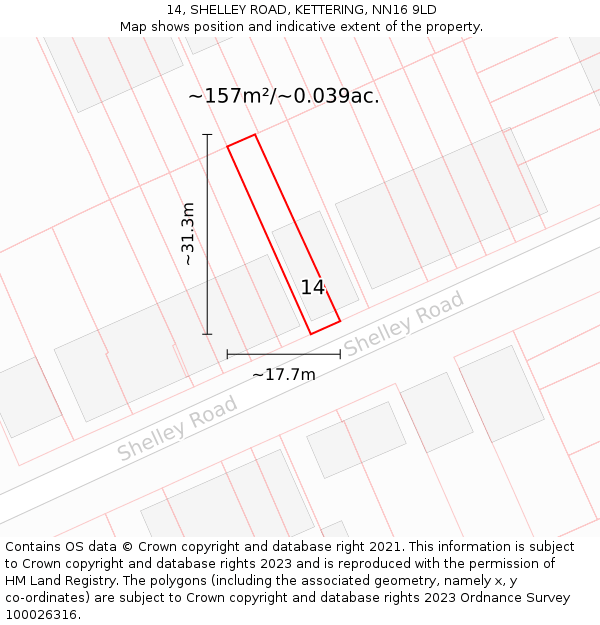 14, SHELLEY ROAD, KETTERING, NN16 9LD: Plot and title map