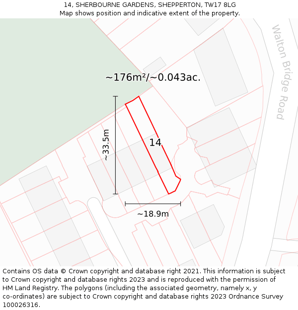 14, SHERBOURNE GARDENS, SHEPPERTON, TW17 8LG: Plot and title map