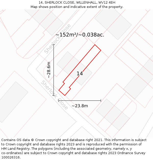 14, SHERLOCK CLOSE, WILLENHALL, WV12 4EH: Plot and title map
