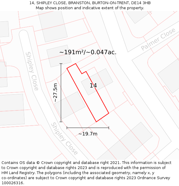 14, SHIPLEY CLOSE, BRANSTON, BURTON-ON-TRENT, DE14 3HB: Plot and title map
