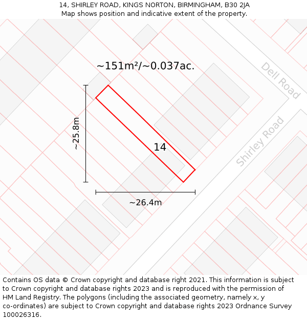 14, SHIRLEY ROAD, KINGS NORTON, BIRMINGHAM, B30 2JA: Plot and title map