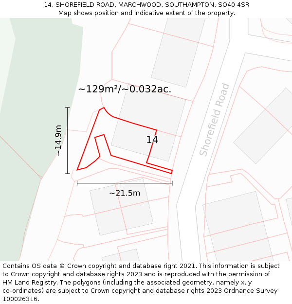 14, SHOREFIELD ROAD, MARCHWOOD, SOUTHAMPTON, SO40 4SR: Plot and title map