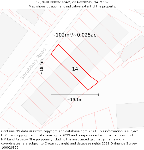 14, SHRUBBERY ROAD, GRAVESEND, DA12 1JW: Plot and title map