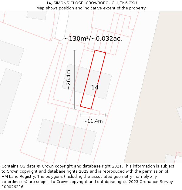 14, SIMONS CLOSE, CROWBOROUGH, TN6 2XU: Plot and title map